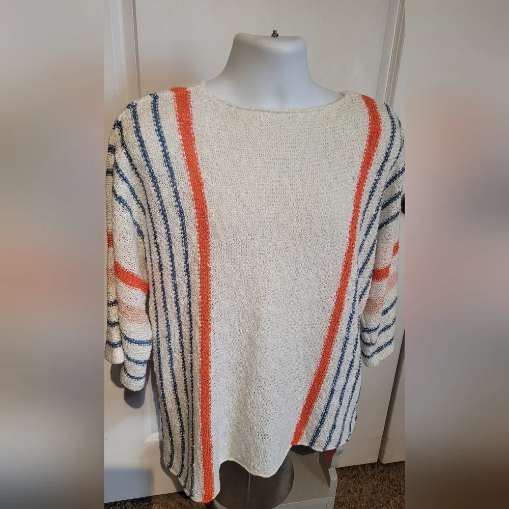 Cozy Striped Cream Sweater with Coral & Blue Accents - Picture 1 of 3